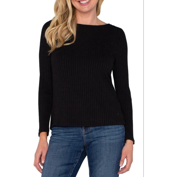 NWT Women's Liverpool Los Angeles Long Sleeve Boatneck Black Top Petite Large - Picture 1 of 14